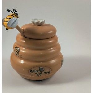 Ceramic Honey Miel Mini Honey Pot with Wood Bee Dipper